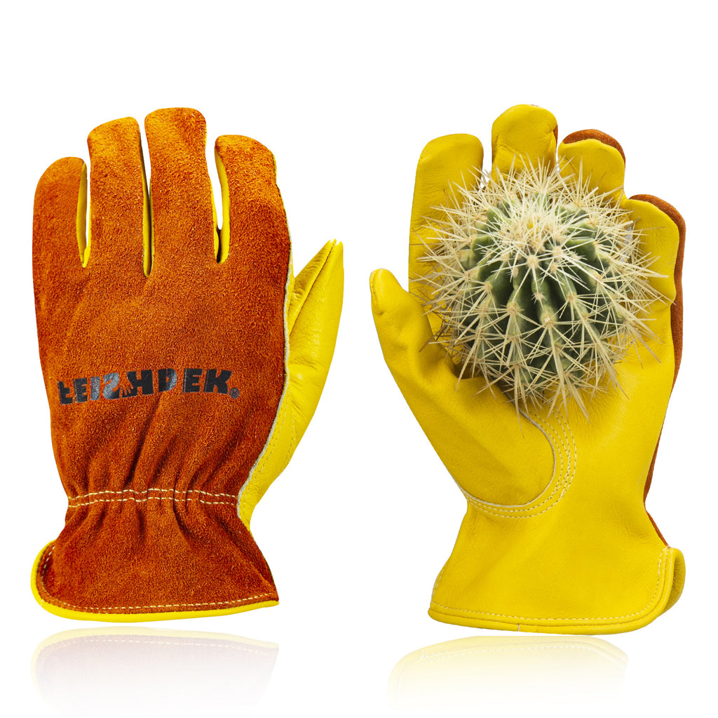 Adult cowhide leather work gloves with Elastic wrist cuff