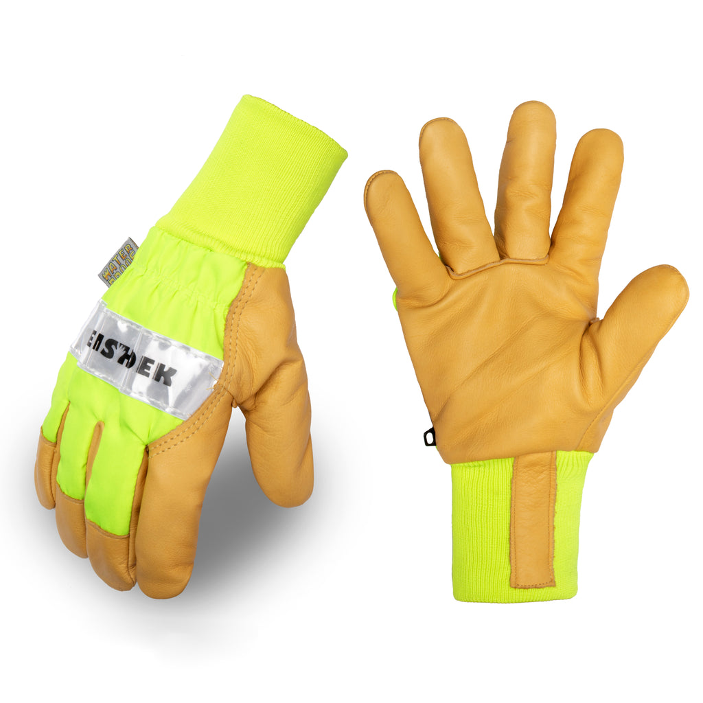 Heavy Duty Hi-Viz waterproof Insulated leather winter work Gloves with Elastic Wrist