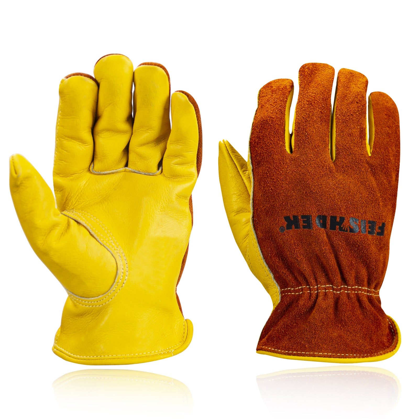 Adult cowhide leather work gloves with Elastic wrist cuff