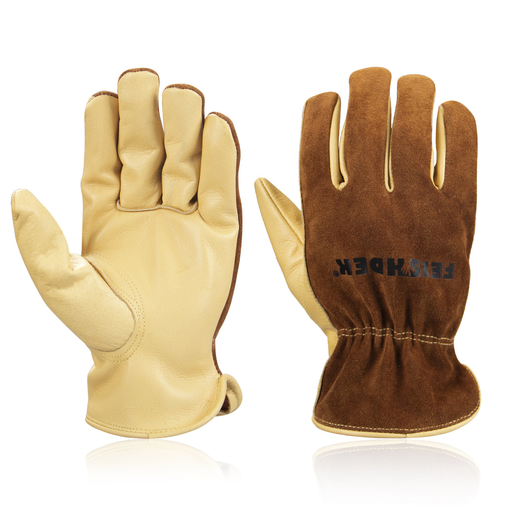 Adult cowhide leather work gloves with Elastic wrist cuff