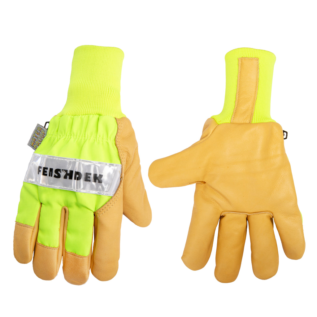 Heavy Duty Hi-Viz waterproof Insulated leather winter work Gloves with Elastic Wrist